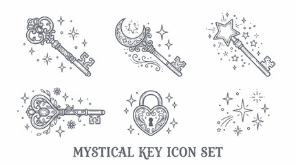 Mystical Key Icon Set. Doodle Sketch Collection with Magic Star, Crescent Moon, and Love Lock. Vintage Fantasy Elements on White Background. © sajjadhossain