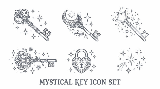 Mystical Key Icon Set. Doodle Sketch Collection with Magic Star, Crescent Moon, and Love Lock. Vintage Fantasy Elements on White Background.