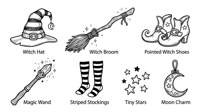 Retro witch accessories icon set, hand-drawn Halloween magic elements, striped hat, broomstick, shoes, wizard wand, charm, stars, vector illustration