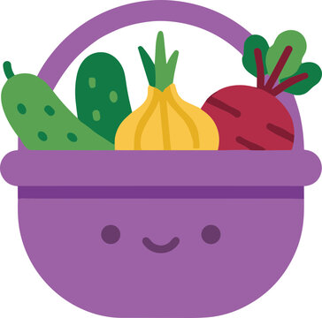 Purple basket filled with cucumbers, an onion, and a beet features a friendly smiling face in a cheerful vector style.