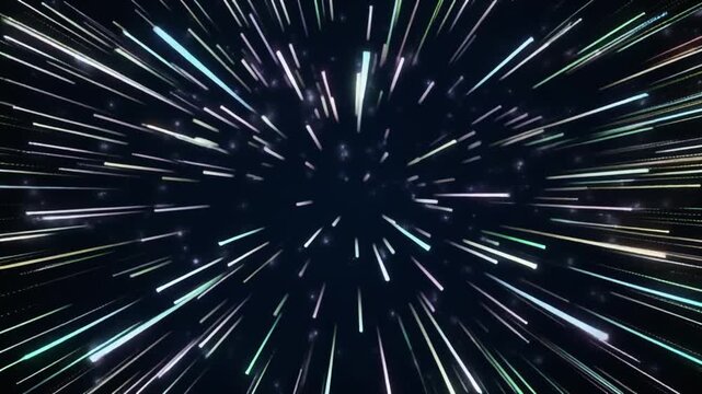 AI data processing animation with fast-moving glowing lines and particles, dark background