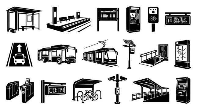 Public Transportation Icons: Bus Stop, Train, Tram, Subway, Stations, Signs, ATM, Bike Rack
