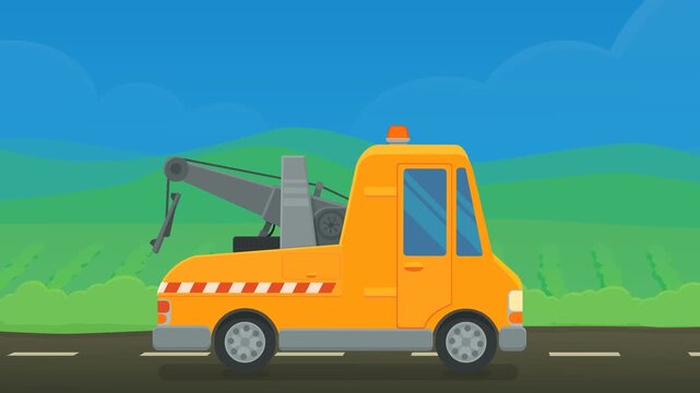 Animated tow truck driving on a country road representing roadside assistance, car breakdown rescue, and emergency vehicle recovery service. (loopable)