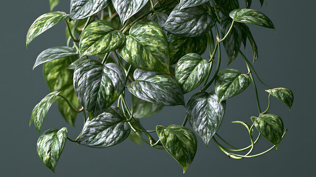 Silver pothos houseplant with variegated leaves hangs against a muted gray backdrop