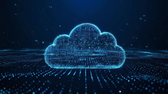 Cloud computing concept visualized as floating digital cloud made of data particles