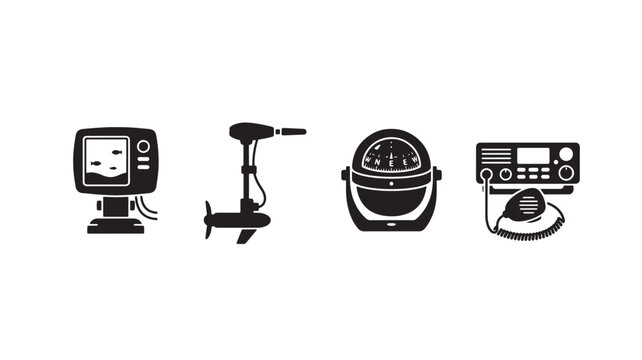 Fishing boat equipment icons set including fish finder, trolling motor, compass and radio.