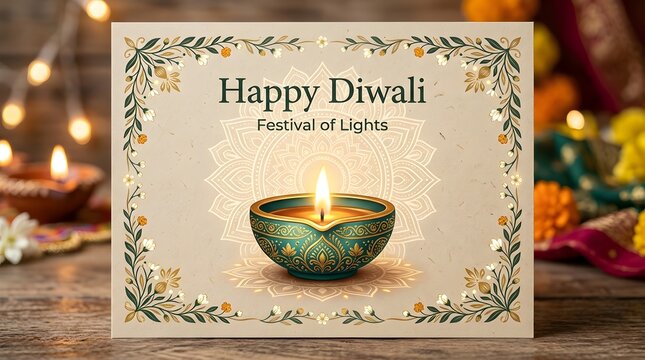 Happy diwali festival of lights card with floral border