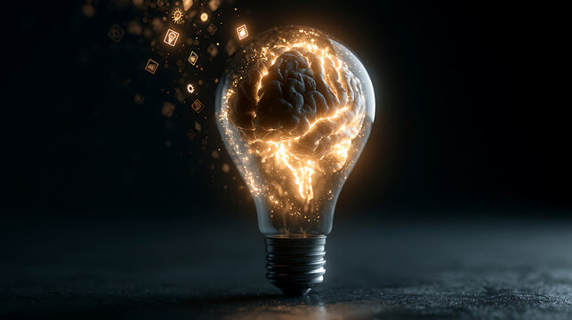 Light bulb containing a glowing human brain conceptual 3d rendering
