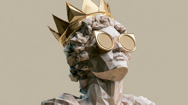 Low poly bust wearing sunglasses and a golden crown modern 3d rendering