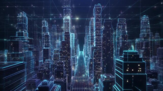 Digital future city composed of holographic structures and grids, no people, glowing atmosphere