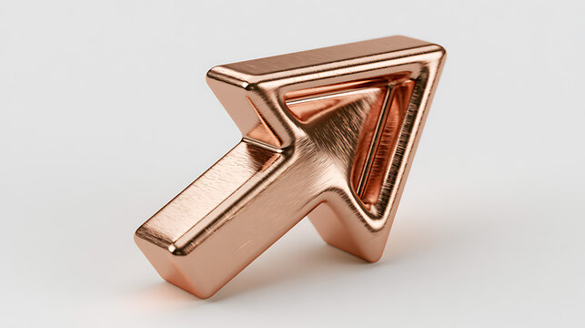 Copper arrow pointing upwards a three dimensional metallic rendering on a white surface
