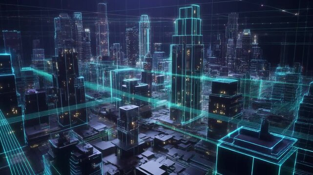 Digital future city composed of holographic structures and grids, no people, glowing atmosphere
