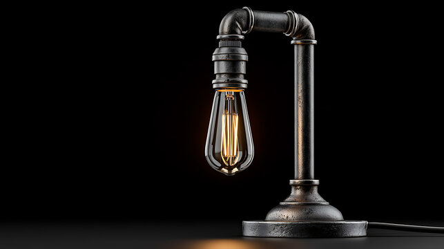 Industrial style desk lamp with edison bulb glows against a dark background