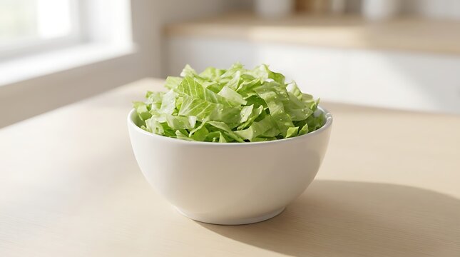 Fresh chopped green cabbage in a white ceramic bowl on a kitchen table. crispy lettuce toppings
