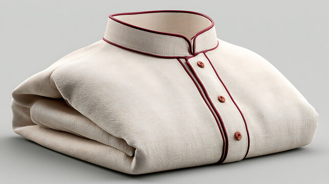 Folded cream colored men s shirt with a mandarin collar rests on a gray surface