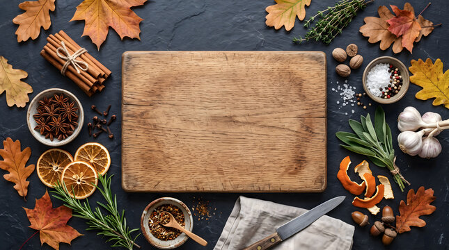 Flat lay of a blank wooden cutting board on rustic slate with cinnamon, star anise, and autumn leaves. Realistic cooking layout with empty text space.