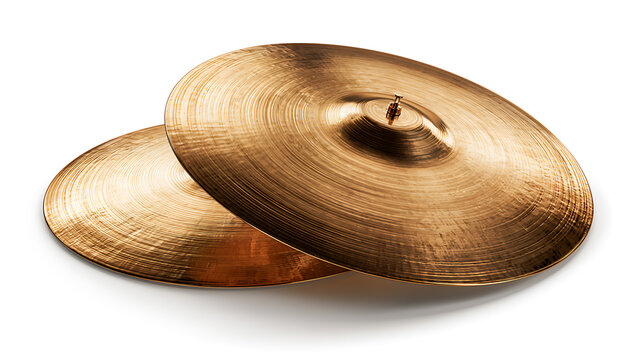 Pair of shiny bronze crash cymbals isolated on transparent background