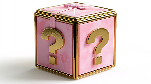 Pink question mark box with golden trim sits on a white surface
