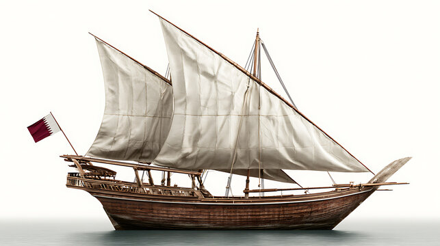 Qatari dhow sailing ship with national flag against a white background