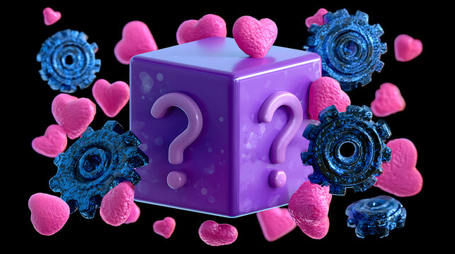 Purple cube with question marks and surrounding hearts and gears 3d render