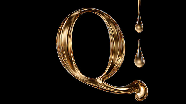 Golden letter q with dripping liquid a 3d rendering on black