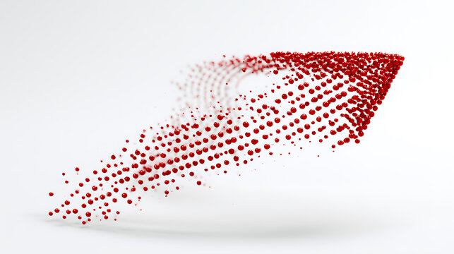 Red dotted arrow shape formed from spherical particles on white background