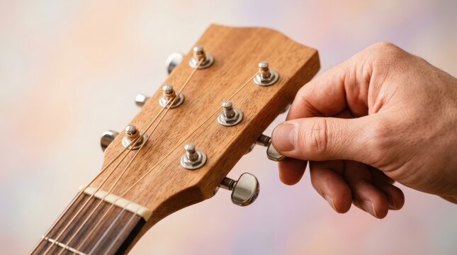 Close up of a hand tuning an acoustic guitar.