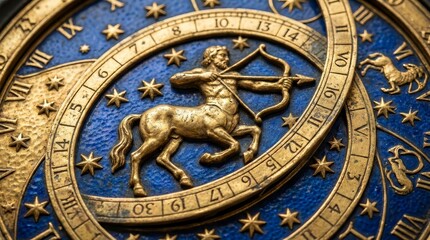 Obraz premium Detailed Sagittarius astrological sign on an ancient zodiac clock wheel.