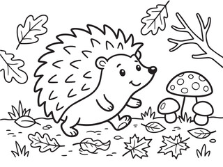 Fototapeta premium Coloring Page Cute cartoon hedgehog walking in autumn with leaves and mushrooms
