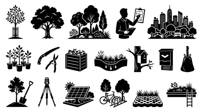 Sustainable Urban Planning, Ecology  Gardening Black Glyph Icon Set  Environment  Green Infrastructure