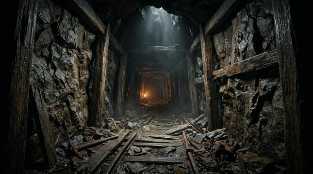Dark mine tunnel with rocks and wooden supports in an old underground passage.