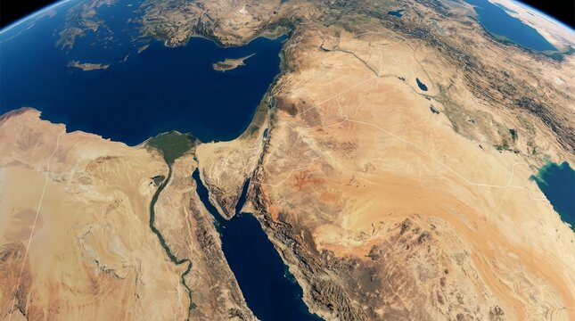 Global satellite photo of the Middle East map featuring Turkey, Syria, and Egypt.