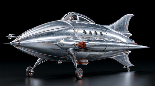 Silver retro rocket ship with rounded fuselage and landing gear is displayed