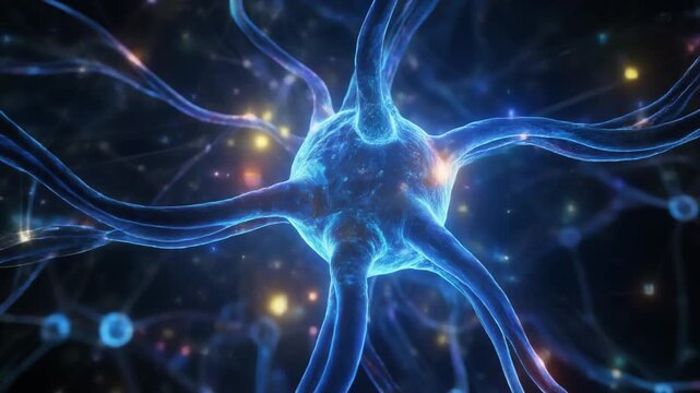 Neural network visualization with connected nodes and flowing light signals, AI technology concept