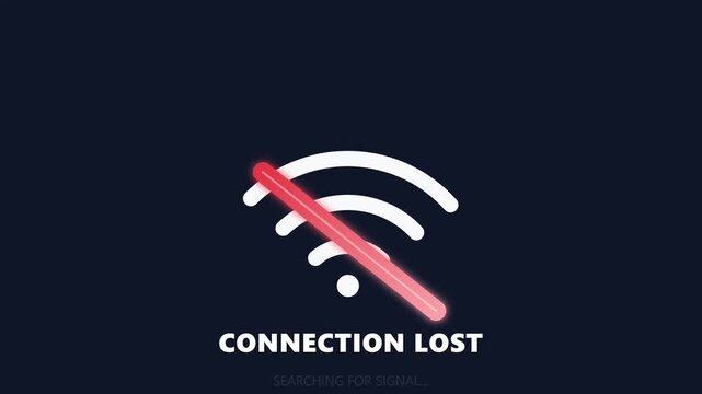 A dark blue background with a glowing red line crossing a white Wi-Fi symbol indicating a lost connection.