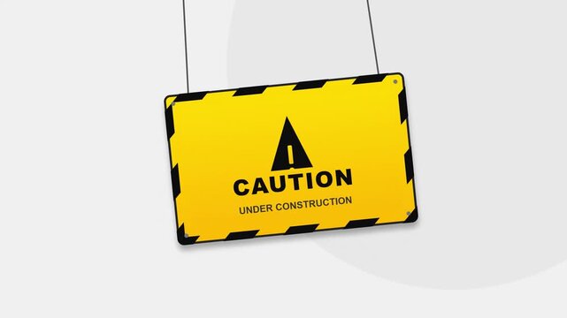 Premium Flat Vector Construction Warning Sign in Yellow and Black Swinging from Rope