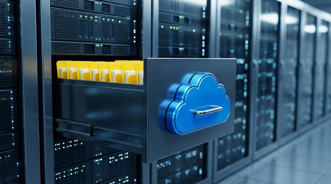 Advanced cloud storage technology concept featuring a blue cloud icon on a server rack drawer.