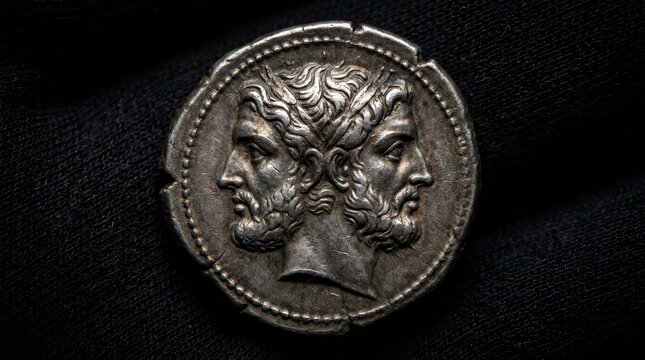 Ancient silver coin depicting the two-headed Roman god Janus from 225-214 BC.