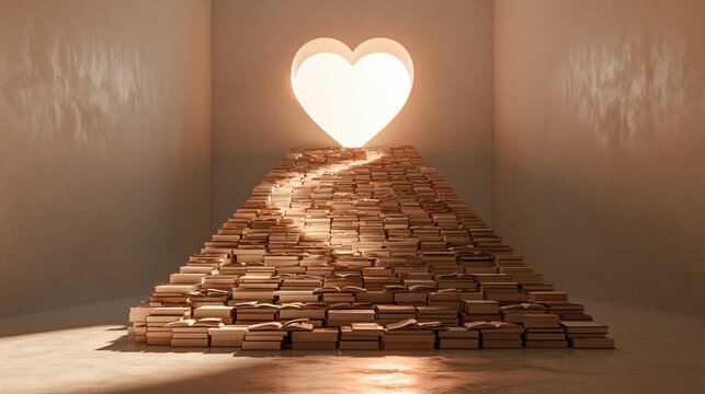 A glowing heart shape illuminates a vast pile of antique literature books forming a pyramid pathway leading toward a bright opening inside a dim chamber suggesting romantic paths through