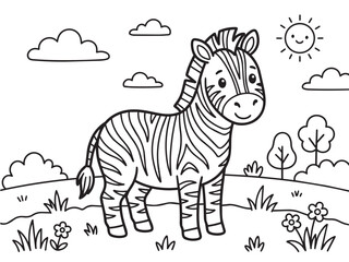 Naklejka premium Coloring Page Cute cartoon zebra standing in a field with sun and clouds coloring page