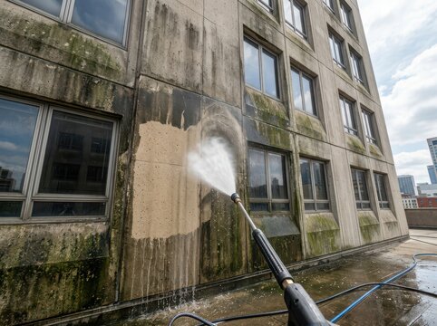 Concrete building facade cleaned with high-pressure water spray during daytime overcast light for renovation concept