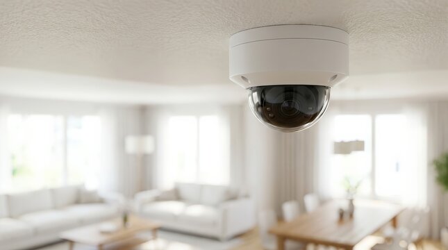 White dome security camera mounted on a ceiling in a modern living room.