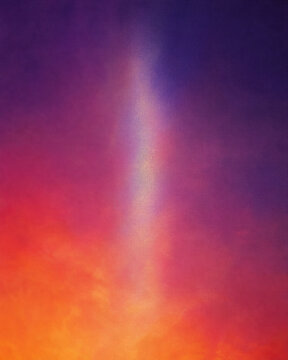 Abstract sunset sky with vertical light beam, vibrant purple and orange clouds, ethereal atmospheric texture for creative backgrounds