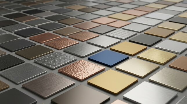 Various textured metal plates arranged in a grid pattern.