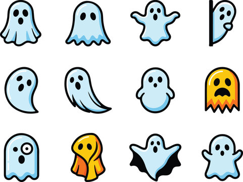 Transparent, Cute cartoon ghost set. Halloween icons and spooky spirits collection with colorful sprites for holiday design projects isolated PNG with Transparent Background fully editable, eps