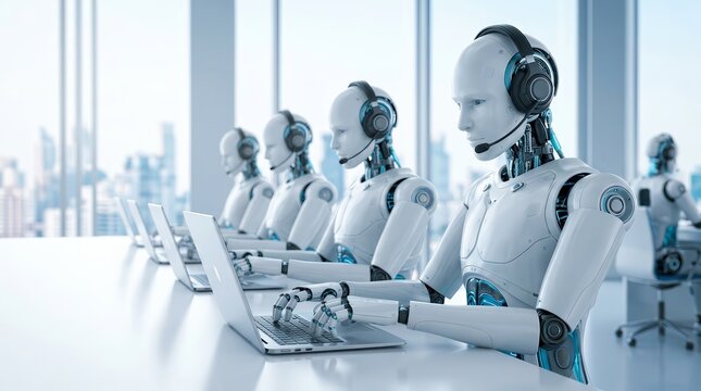 Humanoid robots using laptops in a modern office for chatbot concept.