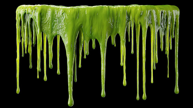 Viscous green liquid dripping in strands against a black background