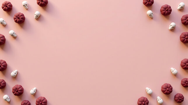 Top view frame of dark red berries and white beads on a soft pink background for halloween celebration