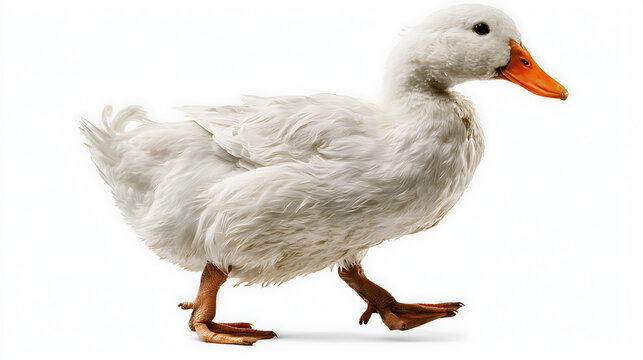 White domestic duck with an orange beak stands on a white background