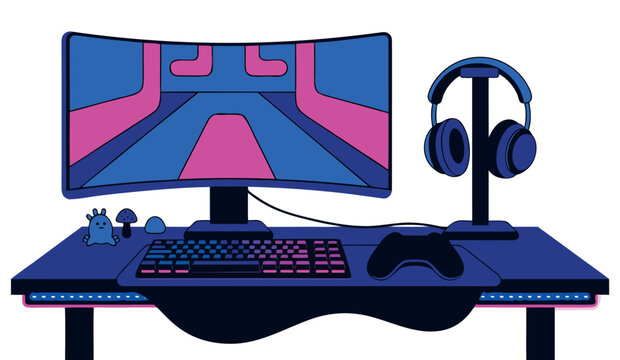 Modern gaming desk setup with curved monitor and headphones vector illustration